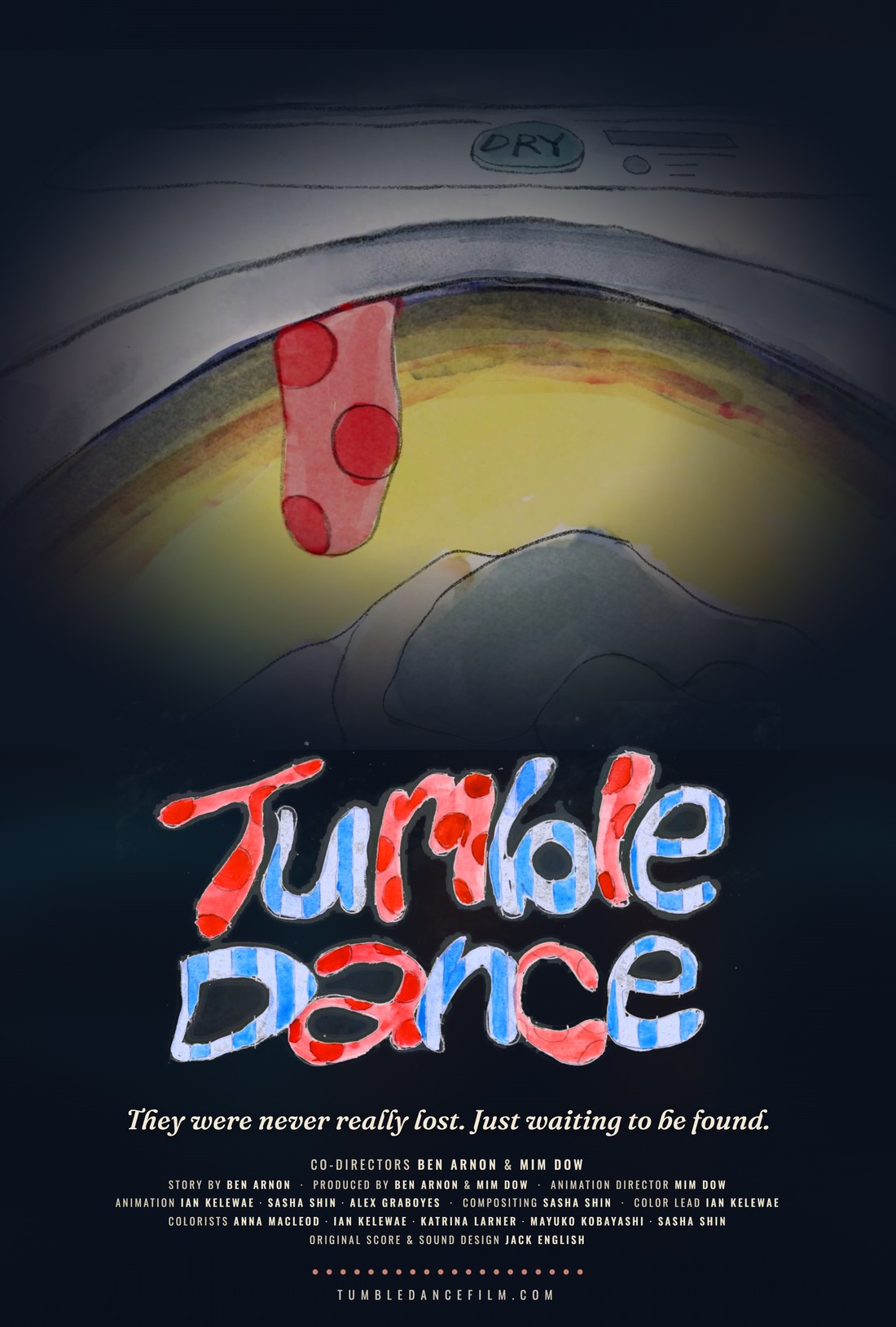 Tumble Dance poster — a single red polka-dot sock hanging in the mouth of a glowing dryer